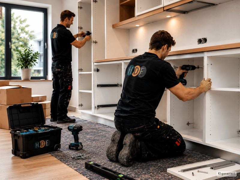 Montage – zwei Monteure setzen einen Korpus zusammen, HDE Werkstatt
