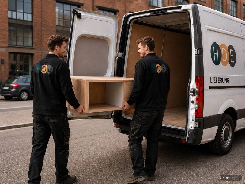 Lieferung – Monteure-Team lädt Möbel in den Transporter, HDE