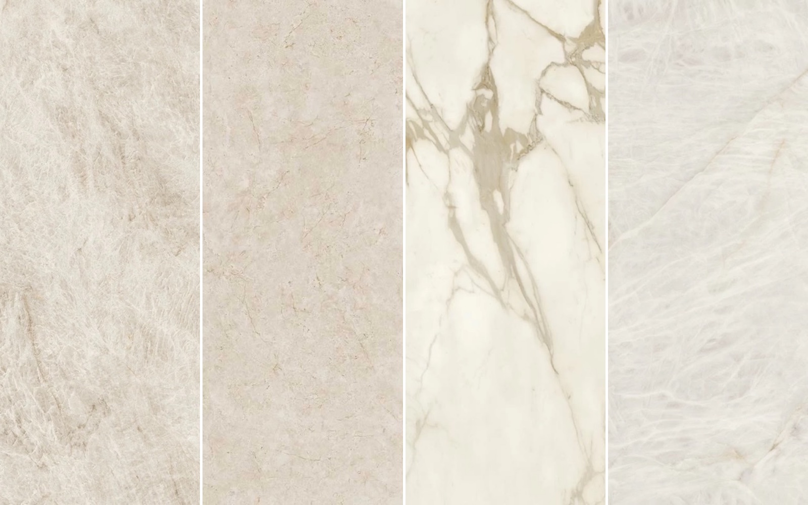 Vier häufig verbaute Plattendekore nebeneinander: Taj Mahal, Cream Prestige, Calacatta Gold und Crystal White