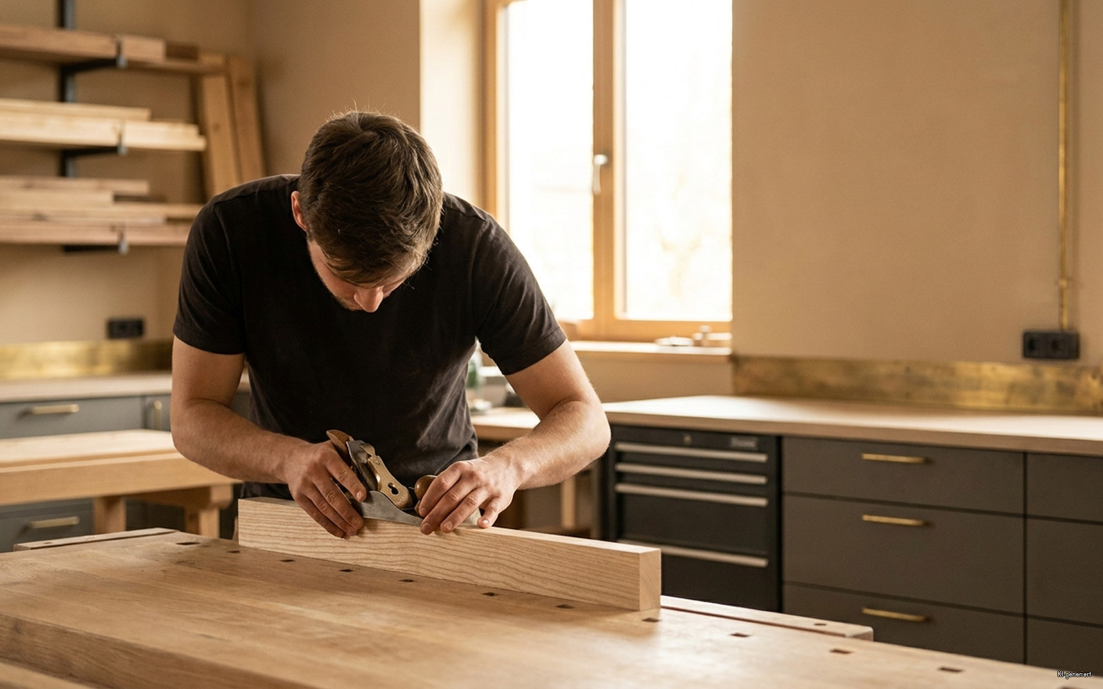 Junger Schreiner an der Werkbank beim Ausrichten eines Werkstücks, konzentriert