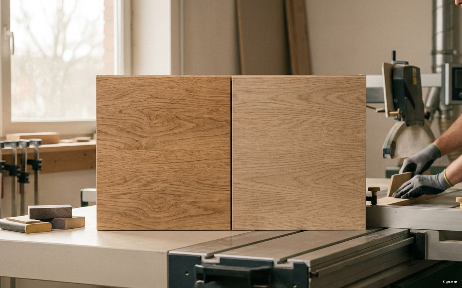 Zwei Möbelfronten nebeneinander, eine mit echtem Furnier, eine mit Holzdekor