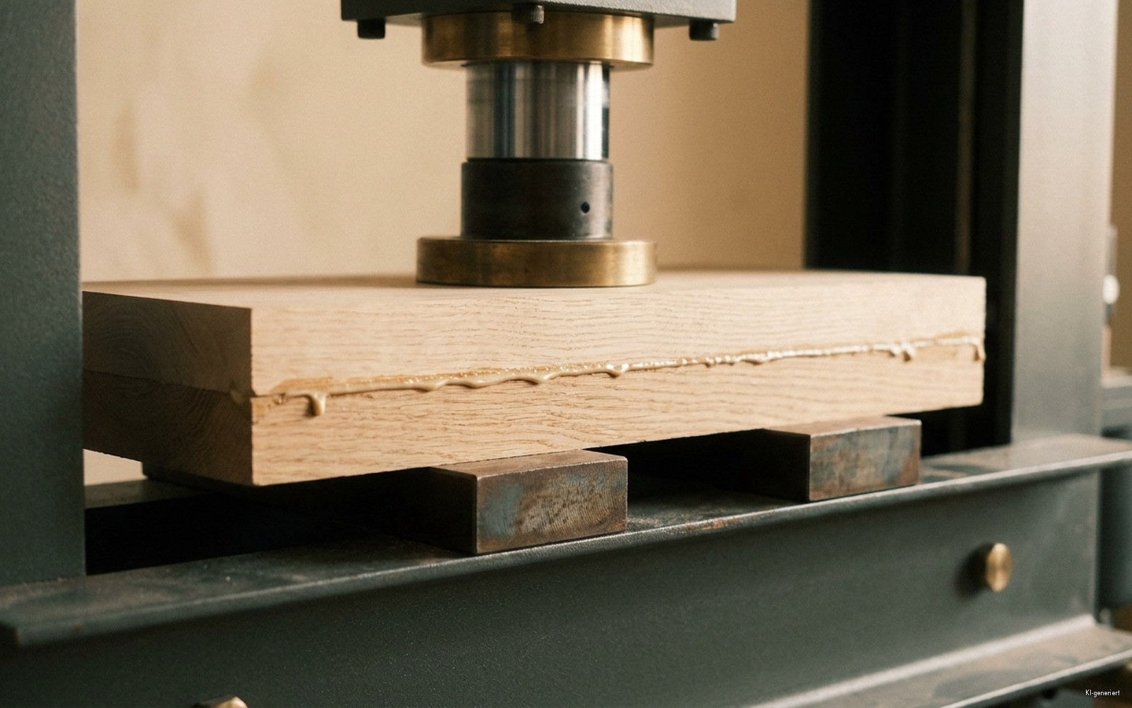 Nahaufnahme einer Werkstattpresse, in der zwei Holzplatten mit sichtbarer Leimfuge verpresst werden, warmes Werkstattlic
