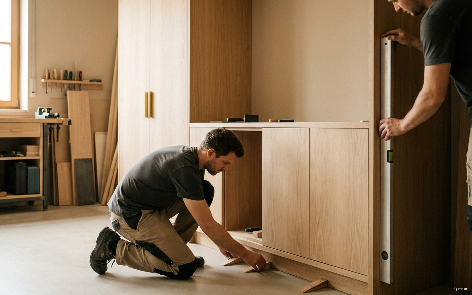 Monteure richten einen Einbauschrank in einem Wohnraum aus, Wasserwaage und Ausgleichskeile